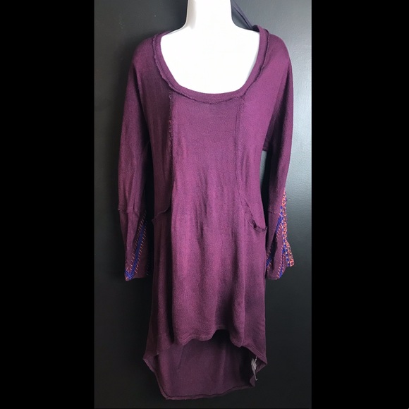 New FREE PEOPLE High Low Thin Sweater Knit Dress Red Blue Orange Embroidered - Picture 2 of 13